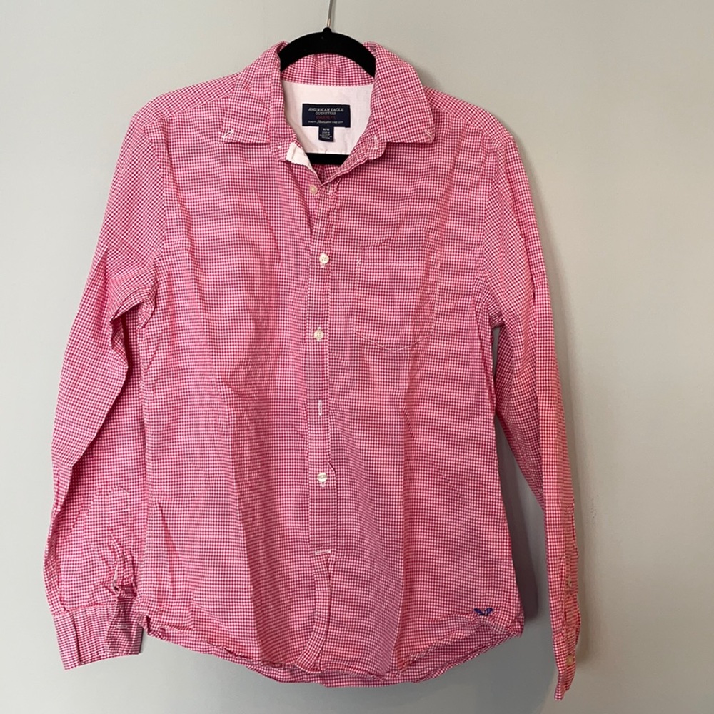 American Eagle Red/White Button Down Shirt, Medium